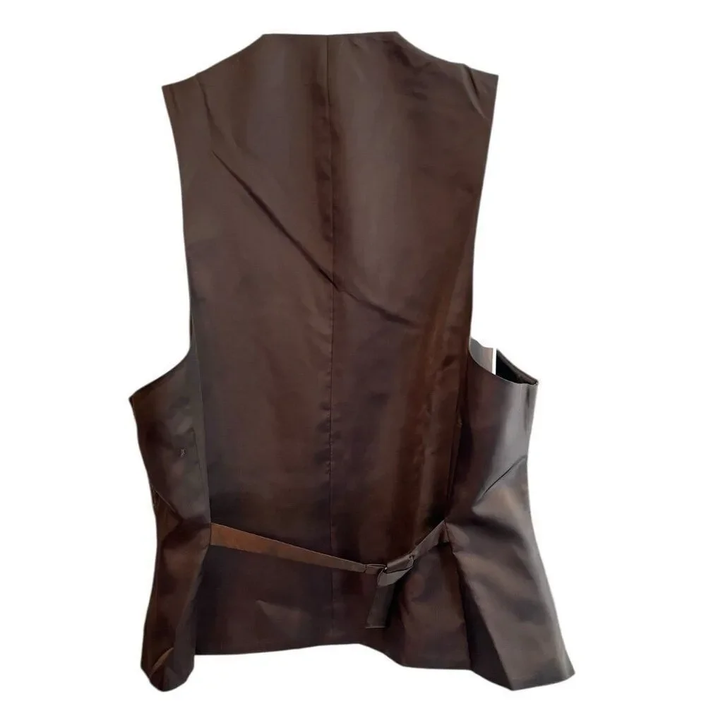 Mens Medium Dark Brown Button Front Vest Speckled Flecked Pockets Satin Lined